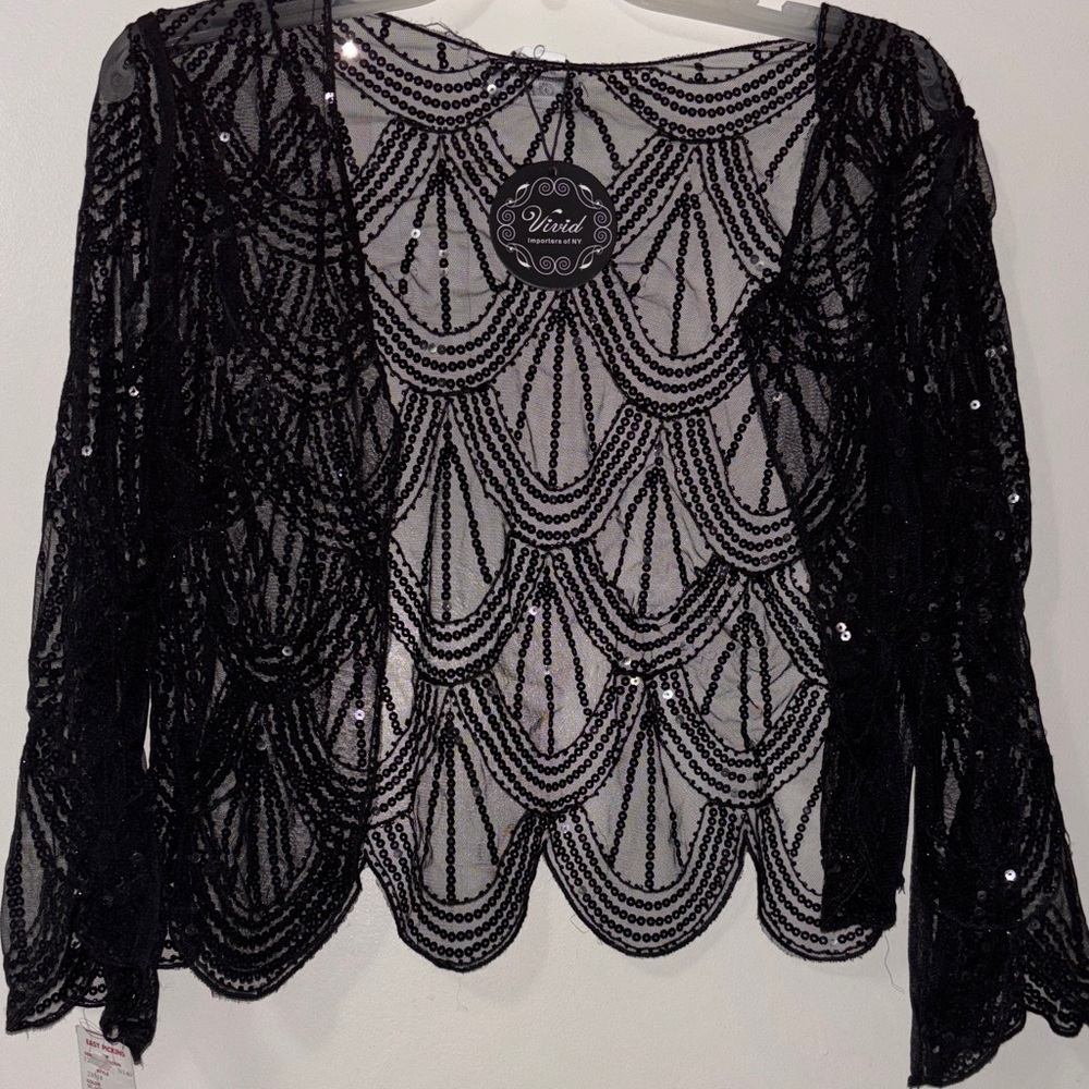 Vivid Black Sequin Beaded Overlay Jacket